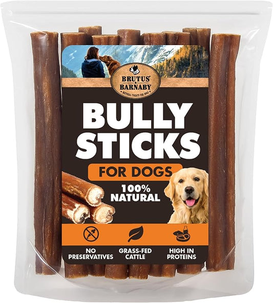 BRUTUS & BARNABY Bully Sticks for Dogs, 12" – Low-to-No Odor, Grass-Fed, Rawhide-Free Chews for Aggressive Power Chewers