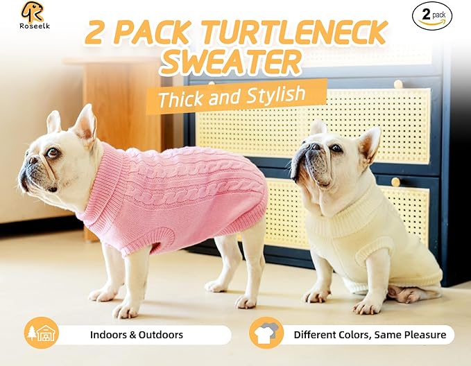 2 Pack Dog Sweaters for Small Dogs - Puppy Medium/Large Warm Clothes in Winter, Turtleneck Pullover Design for Boy Girl Pet, Doggie, Cat, Kitten Chihuahua Bulldog Pug Beagles (XL, Pink, Beige)