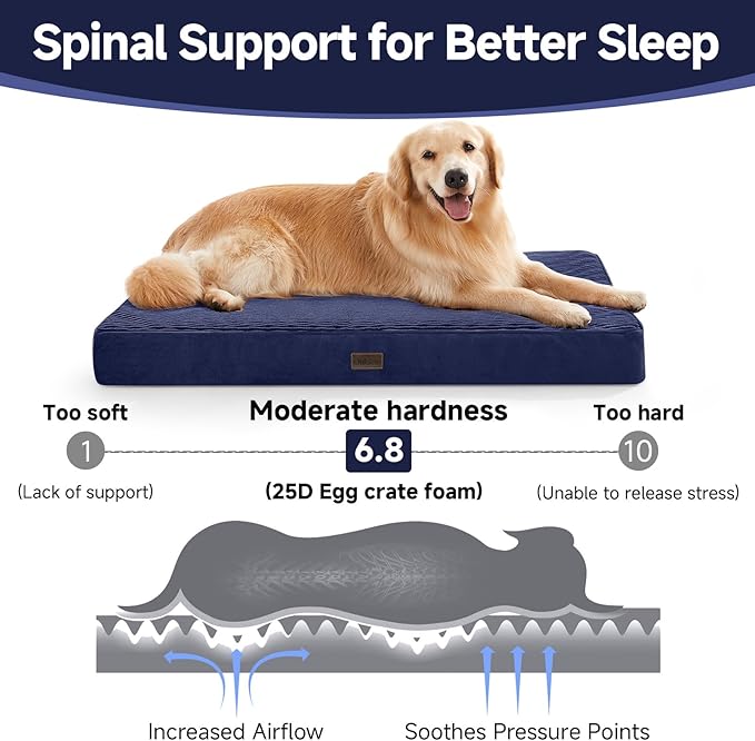 OhGeni Orthopedic Waterproof & Machine Washable Dog Bed for Large Pets, Suitable for Crates, Cat Mat with 25D Egg Crate Foam, Non-Slip Bottom & Removable Cover, 41 Inches(Navy)