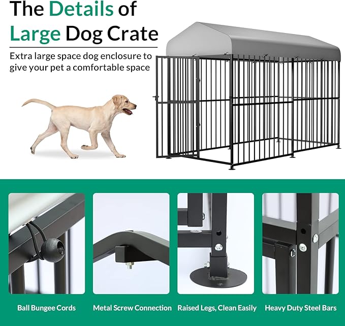 VIVIJASON 4 x 8 x 6 Ft Large Outdoor Dog Kennel, Heavy Duty Metal Frame Dog Cage with Thickened Bars, UV & Waterproof Cover, Outside Pen Playpen Dog Run House for Large to Small Dogs