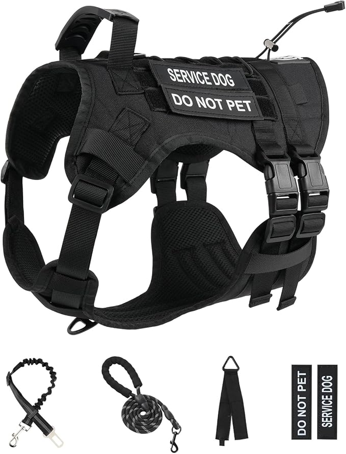 No Pull Tactical Dog Harness for Small Dogs, Escape Proof Molle Dog Vest Harness and Leash Set, Adjustable Military Service Dog Harness with Handle for Medium Large Dogs(Black, Small)
