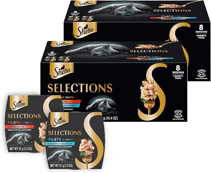 Sheba Selections Filets in Broth Adult Wet Cat Meal Complement Chicken Recipe and Chicken & Tuna Recipe, 1.3 oz. Cups, 8 Count (Pack of 2)