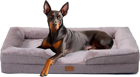 Extra Large Dog Bed Orthopedic with Bolster Sides Removable Egg-Crate Foam Waterproof Liner Pet Bed Sofa Couch with Removable Washable Cover Non-Slip Bottom, Beige