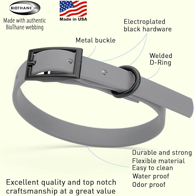 Dogline Biothane Coated Webbing Dog Collar with Black Metal Hardware: Durable Easy-Clean Everyday Collar for Dogs - Comfortable Adjustable Odor-Resistant Pet Collar, W1/2" x L9-12, Battleship Gray