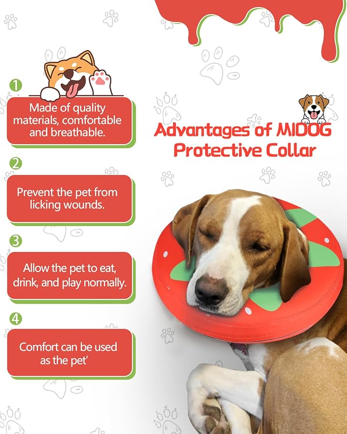 MIDOG Soft Inflatable Dog Cone,Donut E-Collar Alternative for After Surgery, Prevents Licking,Allowing Normal Eating & Vision,Comfortable Recovery Collar for Small Medium Large Dogs&Cats,Strawberry-L