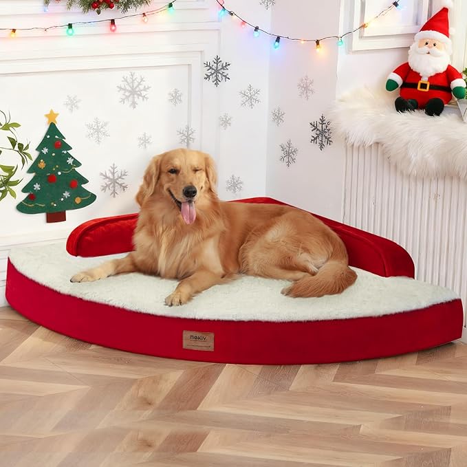 Christmas Dog Bed Large Size - XL Orthopedic Egg-Crate Memory Foam Dog Beds with Removable Washable Cover, Waterproof Pet Beds with Non-Slip Bottom, Red