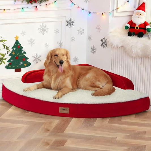 Christmas Dog Bed Large Size - XL Orthopedic Egg-Crate Memory Foam Dog Beds with Removable Washable Cover, Waterproof Pet Beds with Non-Slip Bottom, Red