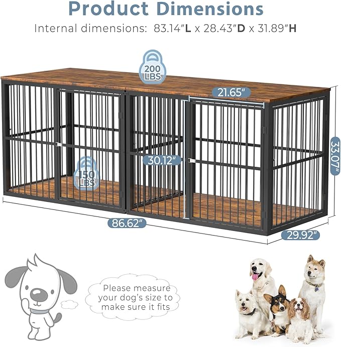 Lyromix 86.62''Dog Crate Furniture Large Breed TV Stand with Double Rooms,Wooden Dog Kennel Dog Crate End Table with Removable Divider for Large Medium Dogs, Can Use Separately, Brown