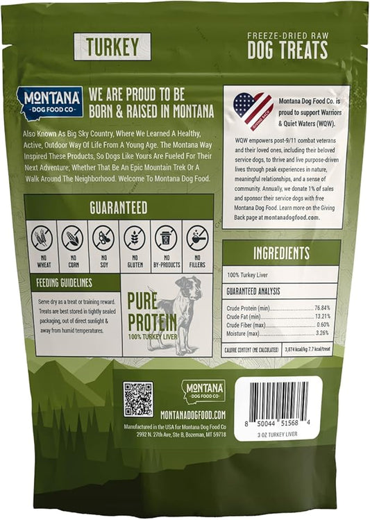 MONTANA DOG FOOD CO. Freeze-Dried Turkey Liver Dog Treats – 100% Natural, Single Ingredient, High Protein, Grain-Free, Made in USA – 3 oz Bag