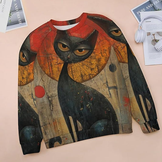 Biacolum Long Sleeve Shirts for Women Mid Century Retro Style Atomic Cat 3D Graphic Sweatshirts Fall Crewneck Pullover Top