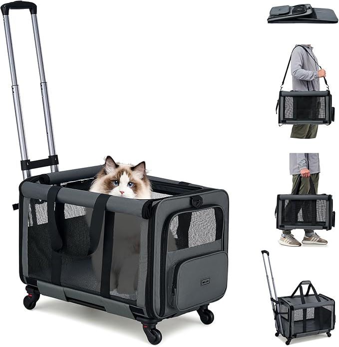 MILADA Extra Large Cat Carrier with Wheels for Big Cats & Small Dogs Soft Sided Rolling Pet Carrier Detachable XL Cat Stroller for Travel, Hiking, Vet & Hospital Use, Grey
