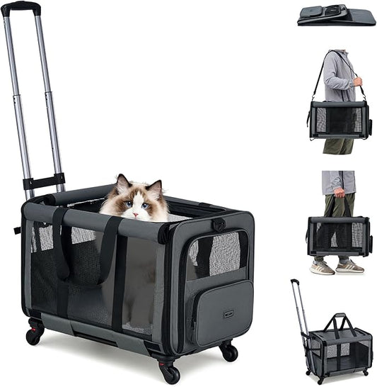 MILADA Extra Large Cat Carrier with Wheels for Big Cats & Small Dogs Soft Sided Rolling Pet Carrier Detachable XL Cat Stroller for Travel, Hiking, Vet & Hospital Use, Grey