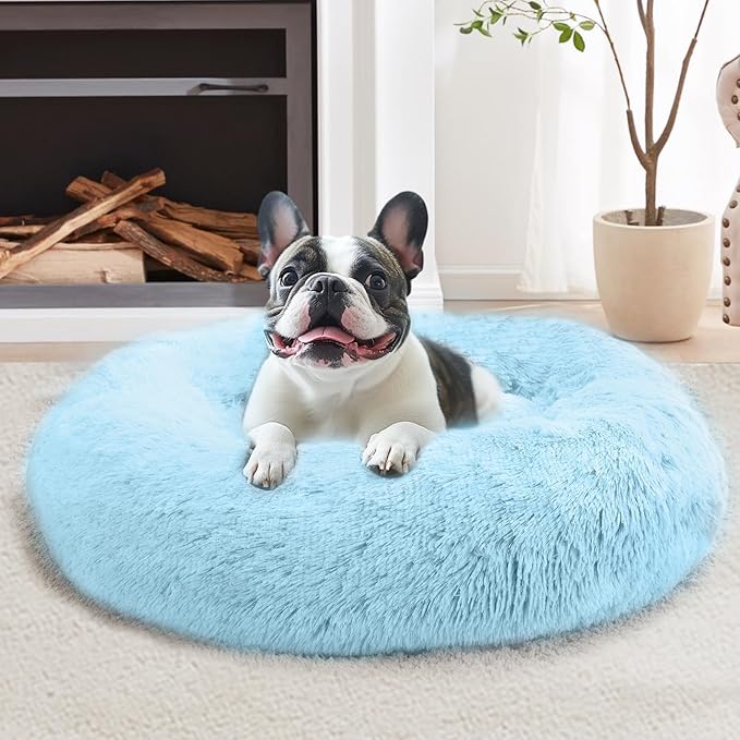 JOLLYVOGUE Small Dog & Cat Beds for Indoor Cats, Donut Cuddler Warming Soft Dog Beds with Anti-Slip Bottom, Round Calming Fluffy Plush Faux Fur Cushion Bed for Medium Dogs (31", Light Blue)
