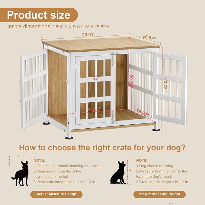 26" Dog Crate Furniture for Small Dogs, Heavy Duty Dog Cage for Small & Medium Dogs with Wheels, Indoor Puppy Crate, 26.6"L x 20.9"W x 23.8"H, Decorate House as TV Stand, End Table — Natural and White
