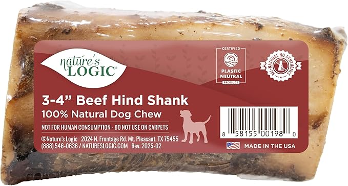 Nature's Logic Beef Hind Shank Bone - 3-4" Long Chew - Collagen & Protein Source for Dog Dental Health & Occupation - Carnivore Appropriate Recreational Dental Care - Small Beef Hind Shank