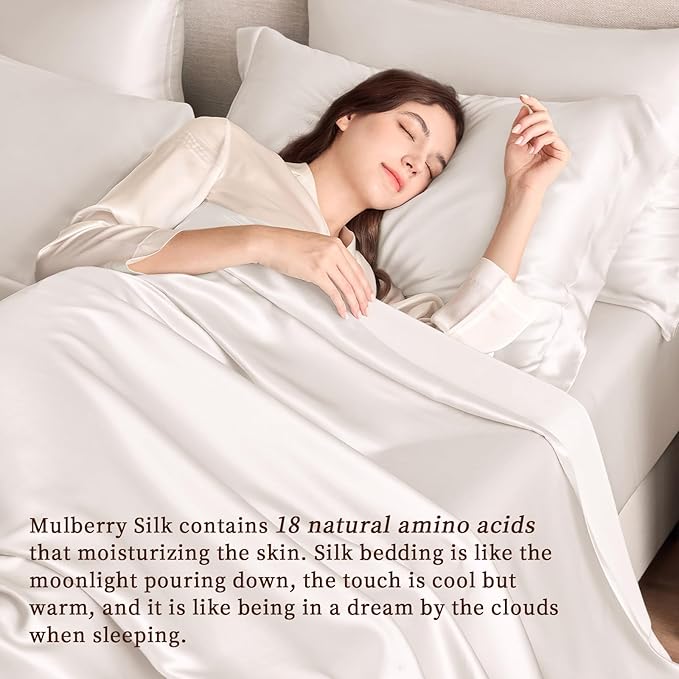 THXSILK Silk Sheet Set 4Pcs, 6A+ Top Grade 100% Natural Mulberry Silk Bed Sheets, Luxury Bedding Sets Ultra Soft Durable, 1 Fitted Sheet, 1 Flat Sheet and 2 Pillow Shams (King, Pearl White)