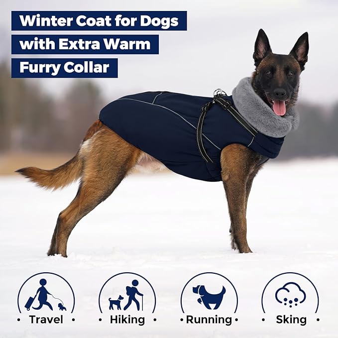 Queenmore Dog Jackets for Large Dogs, Dog Coat with Harness Built in,Waterproof Dogs Coats with Zipper On Back,Warm Fleece Lining Cold Weather Pet Coats with Furry Collar for Labrador,NavyBlue,L