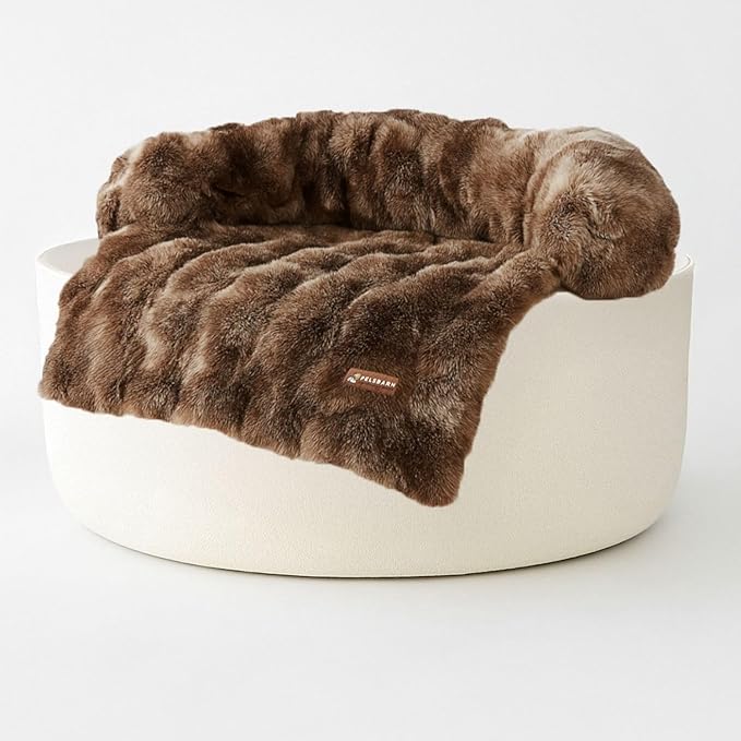 Pelsbarn Dog Bed for Couch, Luxurious Sofa Bed for Dogs with Non-Slip Oxford Bottom - Faux Rabbit Fur with Removable Cover, Small, Brown - 28x28 in