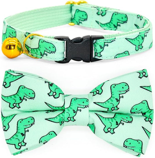 Cat Bow Collar, Green Dinosaur Pattern, Quick Release Safety Buckle, (6" - 10")