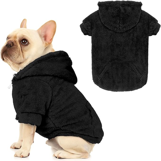 Dog Sweater,Dog Hoodies,Warm Fuzzy Fleece Sweatshirt with Hood & Pocket,Leash Hole,Cozy Cold Weather Pet Clothes Pet Sweater for Small,Medium,and Large Dogs(Black,L)