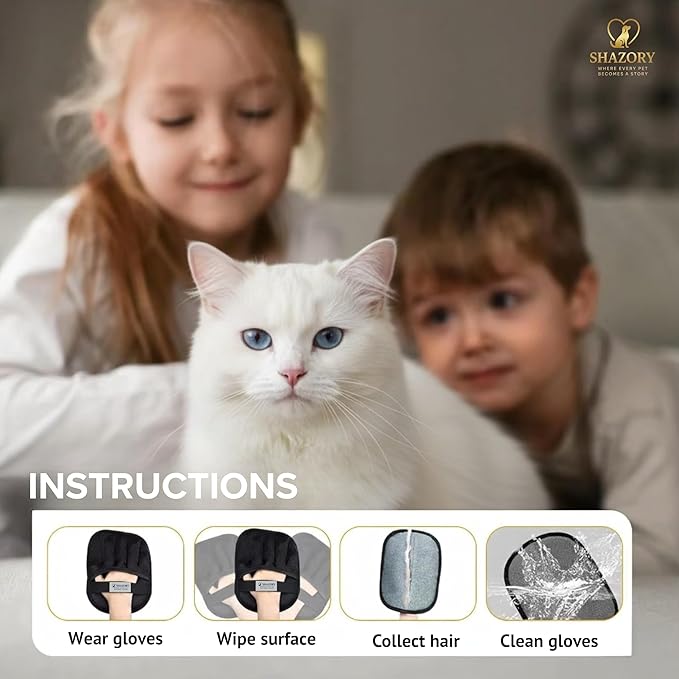 SHAZORY 2 Pack Electrostatic Pet Hair Removal Gloves – Lint Cleaning Mitts for Cats & Dogs, Reusable Pet Hair Remover Glove for Furniture Couch Carpet & Car, Grooming & De-Shedding Glove for Pet Hair