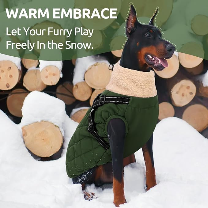 Queenmore Dog Jacket, Dog Coats for Large Dogs, Large Pet Coat with Harness Built in, Thick Fleece Snow Jacket for Extra Large Breeds, Waterproof Windproof Pet Apparel Cold Weather, ArmyGreen 3XL