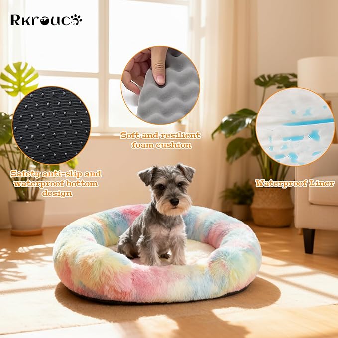 Fluffy Dog Bed Calming Donut Beds for Large Dogs Warming Round Small Medium Pet Nest Cozy Cat Mattress Indoor Washable Puppy Kennel Kittens Sleep Mat (XS, 20×20 inch, Rainbow)