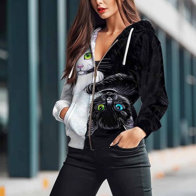 Women's Zip Front Plaid Sweatshirts Print Hoodie Fall Jackets Long Sleeve Casual Drawstring Clothes