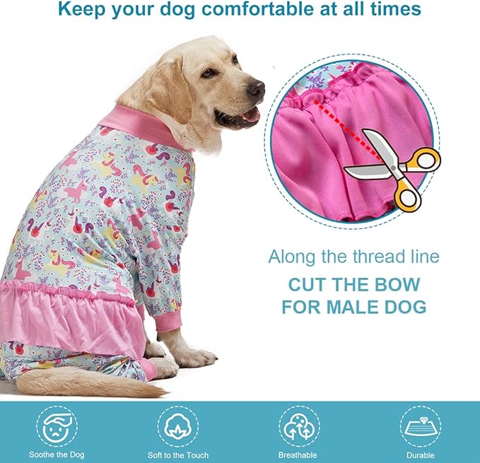 LovinPet Large Breed Dog Pajamas Onesie, Lightweight Stretchy Knit Dog Jammies, Unicorn Seafoam Print, Stop Shedding for Dogs, Pet Pajamas for Dogs, Pet PJ's, M