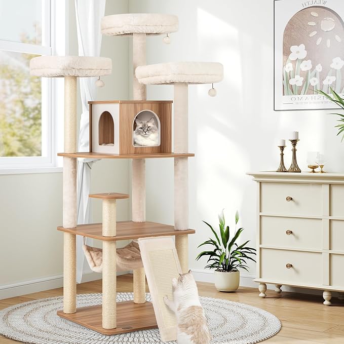 PETSITE 68-inch Modern Tall Cat Tree for Indoor Cats, Multi-Level Wooden Cat Tree Tower with Sisal Scratching Posts, 3 Top Perches, Cat Condo, Comfy Hammock, Sisal Ramp, and Jingling Balls