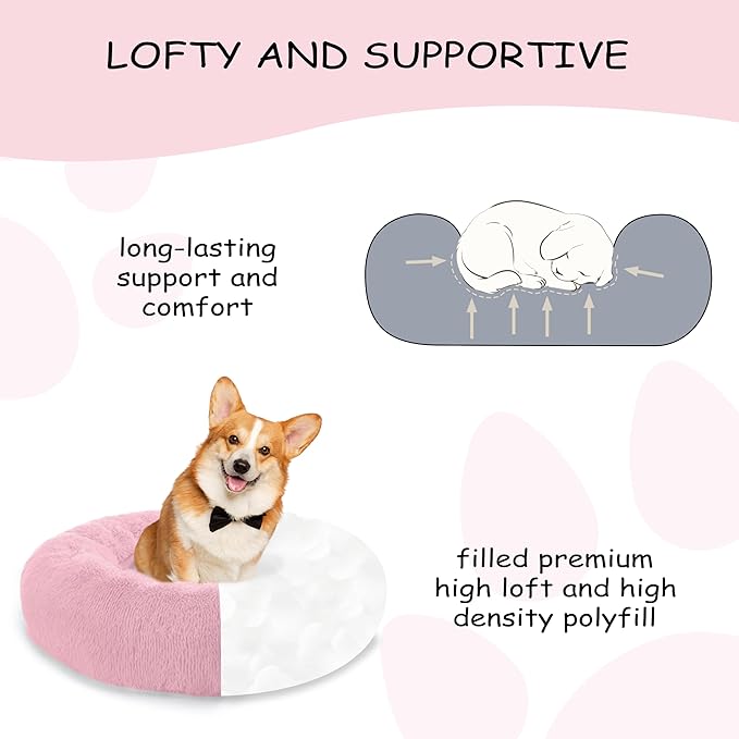 20'' inch Calming Dog Bed, Anti-Anxiety Donut Small Dog Bed, Warming Cozy Soft Cute Round Washable, Marshmallow Cuddler Nest Puppy Dogs and Cats Bed, Pink