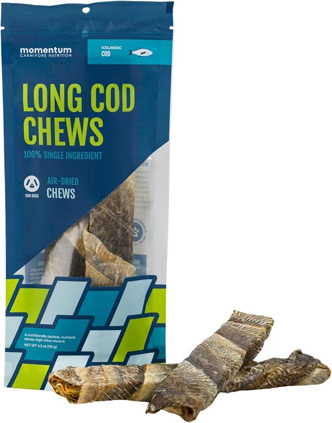 Momentum Carnivore Nutrition Long Cod Dog Chews – Single Ingredient Icelandic Cod Skin Treats – Natural Dental Support, High-Protein Fish Chews - 4.2 oz Bag
