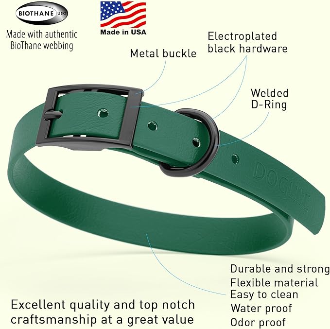 Dogline Biothane Coated Webbing Dog Collar with Black Metal Hardware: Durable Easy-Clean Everyday Collar for Dogs - Comfortable Adjustable Odor-Resistant Pet Collar, W3/4" x L15-18, Hunter Green