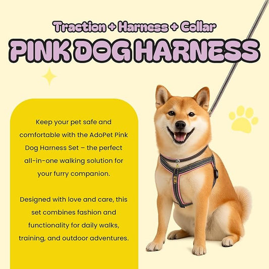 No Pull Dog Harness with Front Clip & Leash Set for Small & Medium Dogs – Adjustable Dog Walking Vest with Soft Padding, Collar & Easy Control Handle - Pink (Medium)