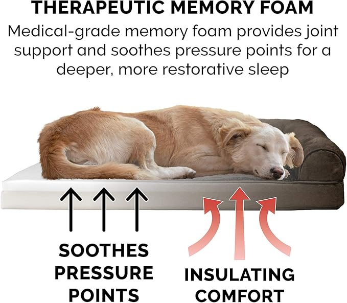 Furhaven Memory Foam Dog Bed for Large/Medium Dogs w/ Removable Bolsters & Washable Cover, For Dogs Up to 55 lbs - Plush & Suede Sofa - Espresso, Large