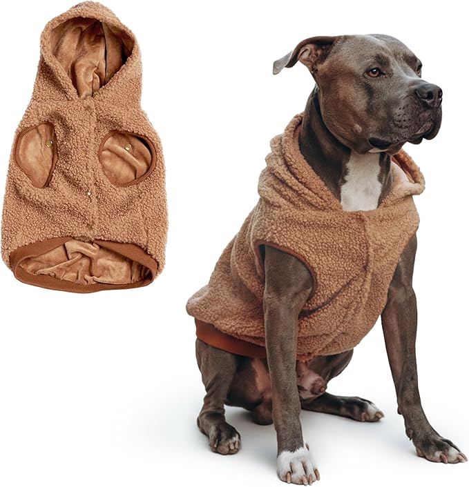 Spark Paws Fleece Dog Jacket, Hooded Sweater Vest, Warm Coat for Winter - Suitable for Small Medium Large XL XXL Breeds - Brown - 4XL