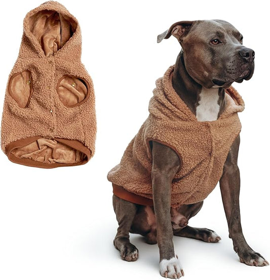 Spark Paws Fleece Dog Jacket, Hooded Sweater Vest, Warm Coat for Winter - Suitable for Small Medium Large XL XXL Breeds - Brown - 4XL