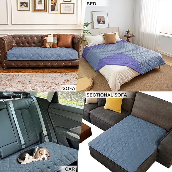 fuguitex Waterproof Dog Blanket Reversible for Small Dogs Resistant Leakproof Washable Couch Cushion Bed Protector Cover for Indoor Furniture Pet Friendly(68"*82",Violet Blue+ Light Blue)