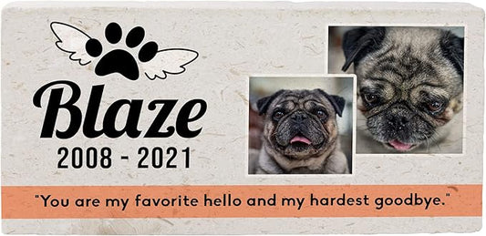 Personalized Pet Memorial with Keepsake Photo on Limestone - Headstones, Garden Stones, and Grave Markers for Dogs - Dog Memorial Stone, Pet Memorial Gifts - 12”x 6”x1.25" C (C. Blaze Design)