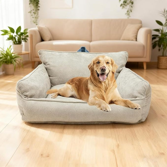 Large Orthopedic Dog Sofa Bed with Sides, Carry Handle & Side Pockets .Plush Chenille Orthopedic Pet Bed Couch for Large Dogs.Portable Snuggler for Indoor Use, Travel & Recovery (Light Grey)
