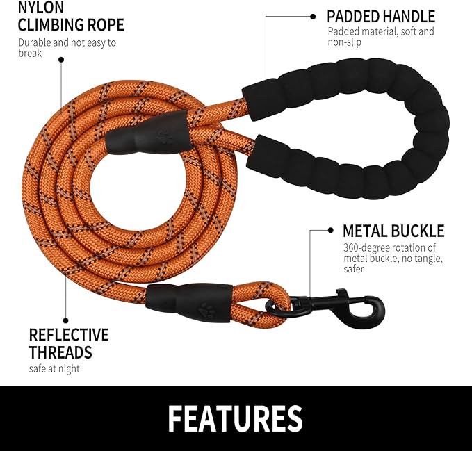 5/6 FT Strong Pet Dog Leash with Soft Padded Handle,Highly Reflective Rope for Night Walking,360-Degree Rotating Metal Buckle Without Tangles,Suitable for Small,Medium and Large Dogs.(5ft)