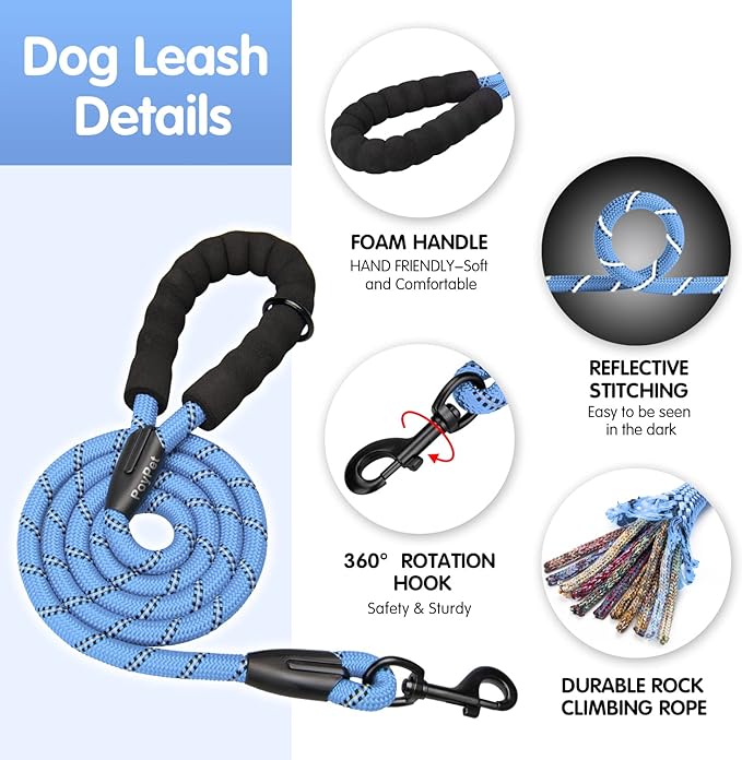 PoyPet No Pull Dog Harness and 5 Feet Leash Set, Release on Neck Reflective Adjustable Pet Vest, Front & Back 2 D-Ring and Soft Padded Pet Harness with Handle for Small to Large Dogs(Light Blue,L)