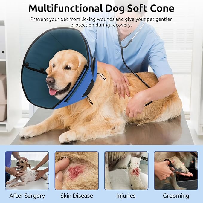 Queenmore Dog Cones for Medium Dogs, Soft Dog Cone Collar After Surgery, Pet Cone for Dogs Wound Care, Spay, Neuter, Breathable Pet Surgery Collars & Cones, Blue M