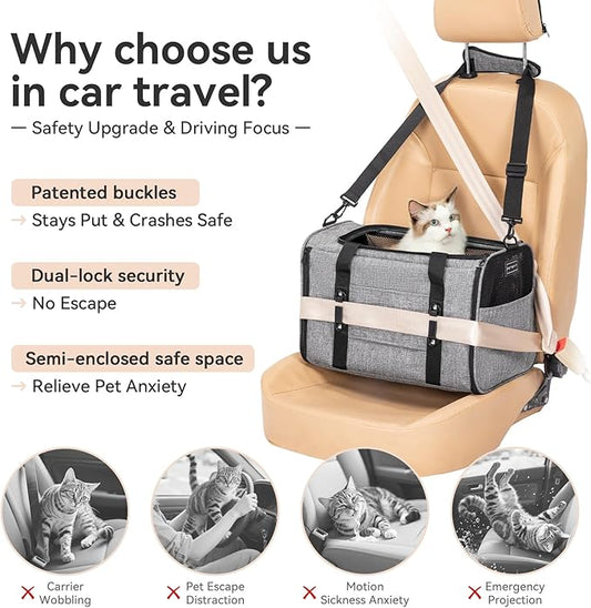 PETSFIT Cat Car Carrier for Medium Cats Dogs, 19"x12"x12" Small Dog Carrier, with Patent Safety Buckles and Escape-Proof Zipper - Safeguarding Car Travel, Vet Visit, Outdoor
