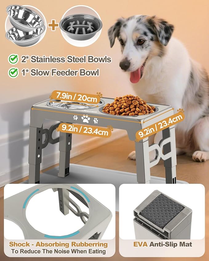 Elevated Dog Bowls, Dog Feeder with Stainless Steel Dishes & Slow Feeder Bowl, 5 Heights Adjustable Raised Stand for Medium Large, Food Dishes with Non-Slip Feet
