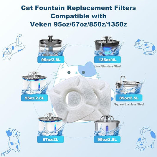 8Pcs Cat Fountain Replacement Filters,8Pack Cat Water Fountain Replacement Filters with 8Pack Pre-Filter Sponges, Pet Fountain Filter Fit for 95oz/2.8L Automatic Pet Fountain Cat Water Fountain