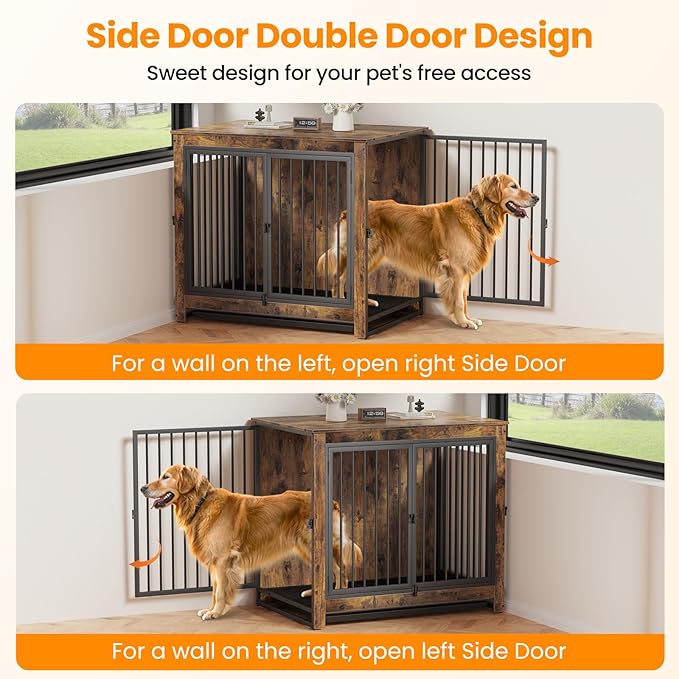 Dog Crate Furniture, 42 InchI ndoor Large Dog Kennel for Medium to Large Dogs Up to 70 LBS, Heavy Duty Wooden Pet Cage End Table with 3 Doors, Alloy Steel Frame & Removable Tray