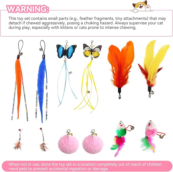 Blrmba Interactive Cat Toys: 4 Ways to Play Indoor Kitten Wand with Suction Cup, Removable 12Pcs Replacements (Feathers, Mice, Butterflies, Caterpillars, Flies, Fur Balls) – Detachable Design
