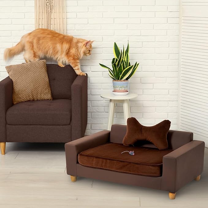 CRITTER SITTERS 43” Faux Leather Ped Bed in Brown, Durable Washable Sofa Couch for Large Cats & Dogs, Must Have Essential Furniture Accessory for Kittens & Puppies