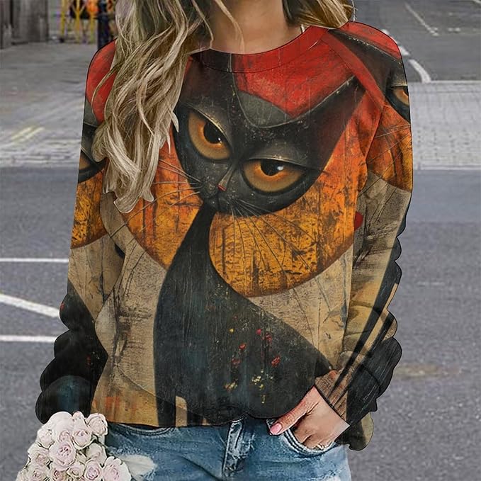 Biacolum Long Sleeve Shirts for Women Mid Century Retro Style Atomic Cat 3D Graphic Sweatshirts Fall Crewneck Pullover Top